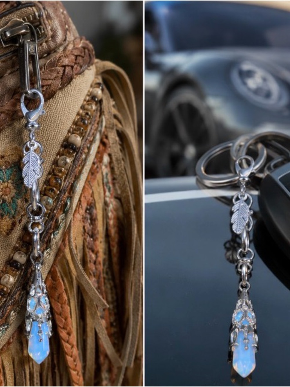 Hand Crafted Stainless Steel Opalite Tassel Keychain - Women Accessories
